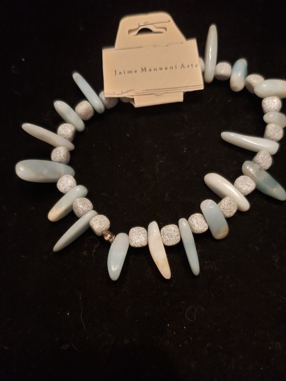 New Amazonite Natural Gemstone Bracelet, Blue Green Sticks/ Silvery Feldspar